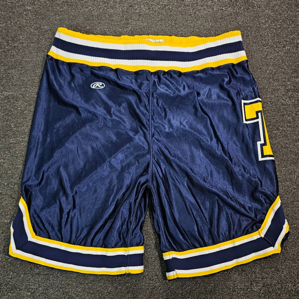 Vintage Rawlings Shorts Mens Large Navy Yellow Satin Basketball Made USA 90s